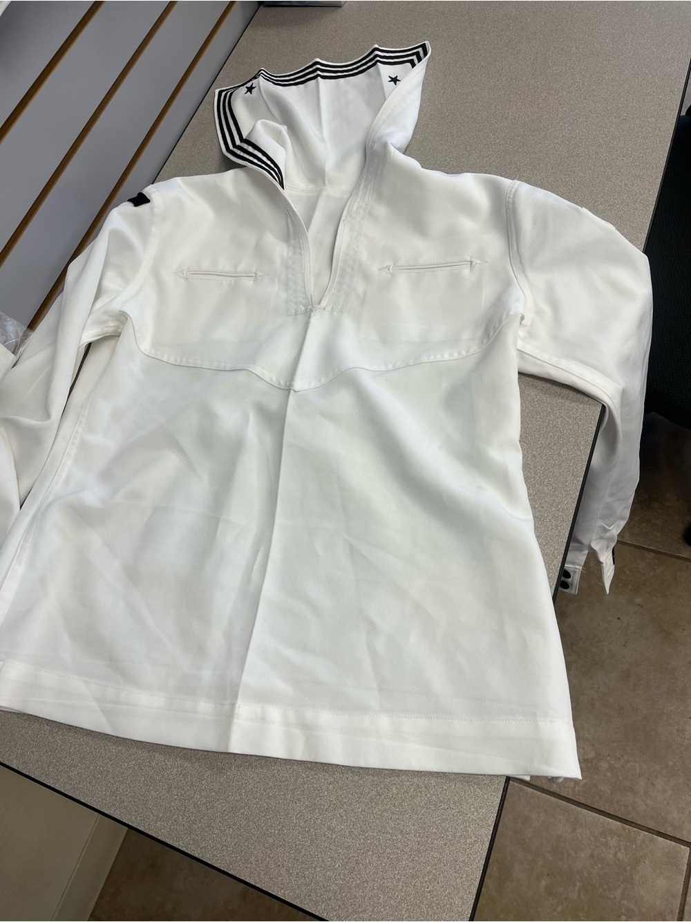 White naval  Pullover with Striped Collar